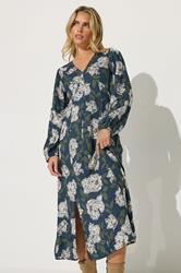 PixieGirl Petite Women's Navy Blue Floral Midi Tea Dress | PixieGirl 1