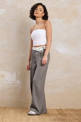 PixieGirl Petite Women's Grey Cross Over Contrast Waistband Trousers | PixieGirl 2
