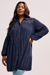 YOURS Plus Size Navy Blue Tiered Crochet Detail Shirt | Yours Clothing 3