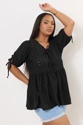 YOURS Plus Size Black Broderie Anglaise Bow Tie Front Peplum Top | Yours Clothing 3