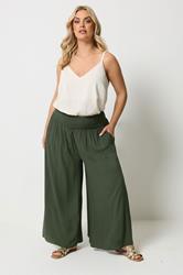 YOURS Plus Size Olive Green Shirred Trousers | Yours Clothing 1