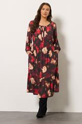 EVANS Plus Size Red Blurred Floral Tie Neck Tiered Dress | Evans 3