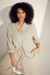 EVANS Plus Size Natural Brown Stripe Print Premium Linen Shirt | Evans 3