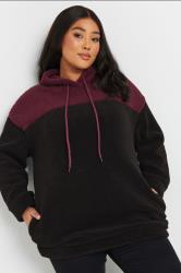 YOURS Plus Size Black & Burgundy Red Colourblock Teddy Fleece Hoodie | Yours Clothing  3