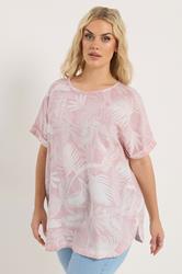 YOURS Plus Size Pink Palm Leaf Linen Boxy T-Shirt | Yours Clothing 3