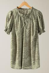 EVANS Curve Khaki Green Burnout Print Tie Neck Blouse