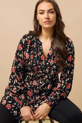 EVANS Plus Size Black & Red Floral Print Pintuck Blouse | Evans 3