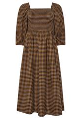 PixieGirl Petite Women's Brown Gingham Puff Sleeve Midi Dress | PixieGirl 7