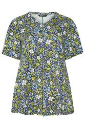 YOURS Curve Navy Blue & Green Floral Pleat Front Top
