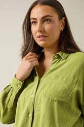 EVANS Plus Size Chartreuse Green Long Sleeve Premium Linen Shirt | Evans 2