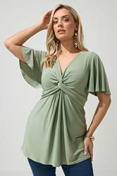 YOURS LONDON Plus Size Sage Green Knot Detail Front Short Sleeve Top | Yours Clothing 3