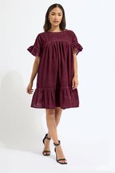 PixieGirl Petite Women's Burgundy Red Velvet Frill Smock Mini Dress | PixieGirl 2