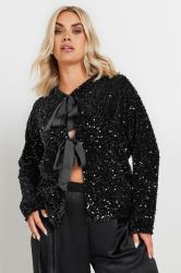 YOURS Plus Size Black Velvet Bow Tie Front Sequin Jacket | Yours Clothing 3