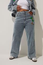 LIMITED COLLECTION Plus Size Blue Denim Palm Tree Embroidered Jeans | Yours Clothing 1