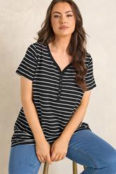 EVANS Plus Size Black Stripe Short Sleeve Cotton Henley Top | Evans 3