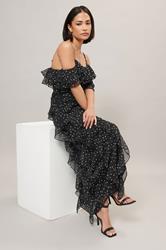 PixieGirl Petite Women's Black Chiffon Polka Dot Ruffle Maxi Dress | PixieGirl 2