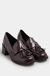 Burgundy Red Patent Heeled Tassel Loafers In Extra Wide EEE Fit | Yours Clothing 2
