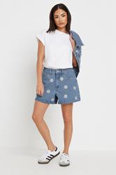 PixieGirl Petite Women's Blue Denim Daisy Embroidered Shorts | PixieGirl 2