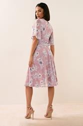 PixieGirl Petite Women's Blush Pink Mesh Floral Wrap Midi Dress | PixieGirl 2