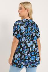 YOURS Plus Size Black & Blue Floral Notch Neck Blouse | Yours Clothng 2