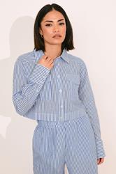 PixieGirl Petite Women's Blue Linen Striped Pocket Shirt | PixieGirl 1