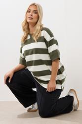 YOURS Plus Size Khaki Green Stripe Heavyweight T-Shirt | Yours Clothing 3