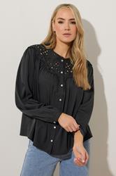 LTS Tall Black Woven Broderie Bib Blouse | Long Tall Sally 3