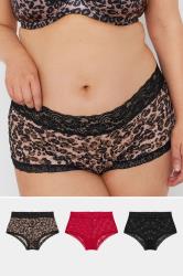 YOURSET Plus Size 3 PACK Red & Black Leopard Print Lace Mid Rise Shorts | Yours Clothing 1