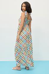 PixieGirl Petite Women's Red Gingham Tie Shoulder Maxi Dress | PixieGirl 2