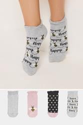 YOURSET 4 PACK Plus Size Grey & Pink Bee Print Ankle Socks | Yours Clothing 1
