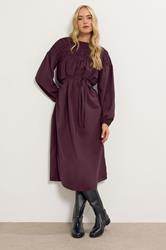 LTS Tall Burgundy Red Shirred Long Sleeve Midi Dress | Long Tall Sally 1