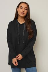 YOURS Plus Size Black Metallic Drawstring Hoodie | Yours Clothing 1