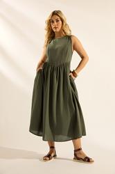 YOURS Plus Size Khaki Green Sleeveless Linen Midi Dress | Yours Clothing 3