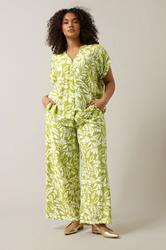 EVANS Plus Size Chartreuse Green Leaf Print Wide Leg Trousers | Evans 3