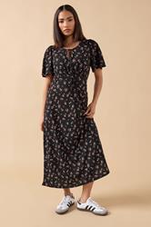 PixieGirl Petite Women's Black Ditsy FloralTie Front Midi Dress | PixieGirl 3