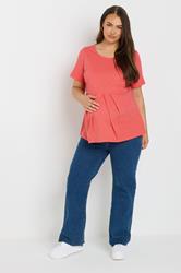 BUMP IT UP MATERNITY Plus Size Coral Orange Soft Cotton Pleat Front Peplum Top | Yours Clothing 1