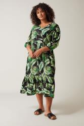 EVANS Plus Size Green Palm Print Tiered Midi Dress | Evans 1