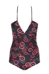 YOURS Plus Size Black & Pink Floral Halter Neck Swimsuit | Yours Clothing 10