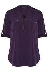 EVANS Curve Plum Purple Zip Front Jersey Blouse