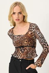 PixieGirl Petite Women's Beige Brown Leopard Print Long Sleeve Top | PixieGirl 3