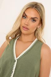 YOURS Plus Size Khaki Green Blanket Stitch Linen Vest Top | Yours Clothing 5