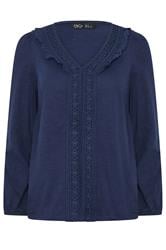 M&Co Petite Navy Blue Frill Cotton Blouse