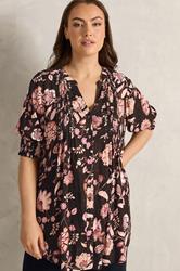 EVANS Plus Size Black Floral Pintuck Tie Neck Blouse | Evans 3