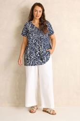 EVANS Plus Size Navy Blue Abstract Print Premium Cotton Henley Top | Evans 1