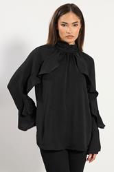 PixieGirl Petite Women's Black Satin Frill Blouse | PixieGirl 3