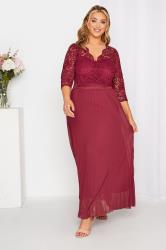 Plus Size YOURS LONDON Curve Burgundy Red Lace Pleated Maxi Dress | Yours Clothing  3
