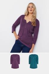 LTS Tall 2 PACK Purple & Teal Blue Cotton Henley Tops | Long Tall Sally 3