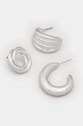 YOURSET 3 PACK Silver Tone Twist Hoop Earrings | Yours Clothing 4