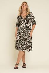 YOURS Plus Size Natural Brown Leopard Tie Neck Mini Dress | Yours Clothing 3