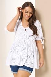 YOURS Plus Size White Broderie Anglaise Tie Front Peplum Top | Yours Clothing 3